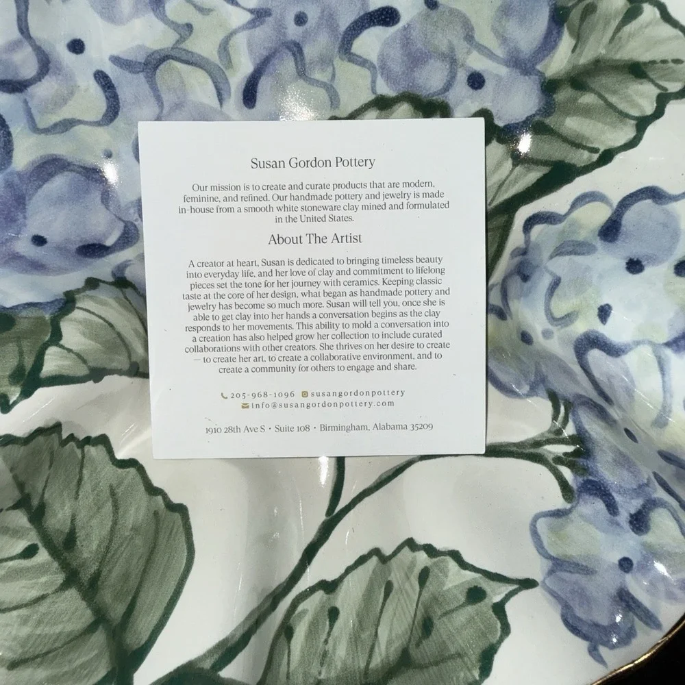 Susan Gordon Pottery Ceramic Juliette Blue Hydrangea Wavy Bowl 22k Gold Trim